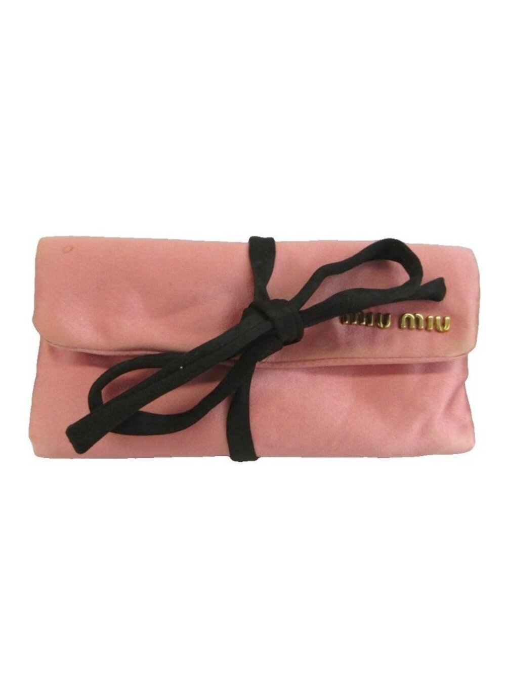 Miu Miu Mini Pouch Clutch Trifold Satin Ribbon Logo Gold Pink Black